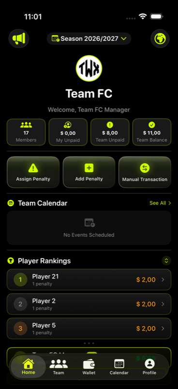 TEAM WALLET X home dashboard, showing team balance, penalty tracking and the player leaderboard