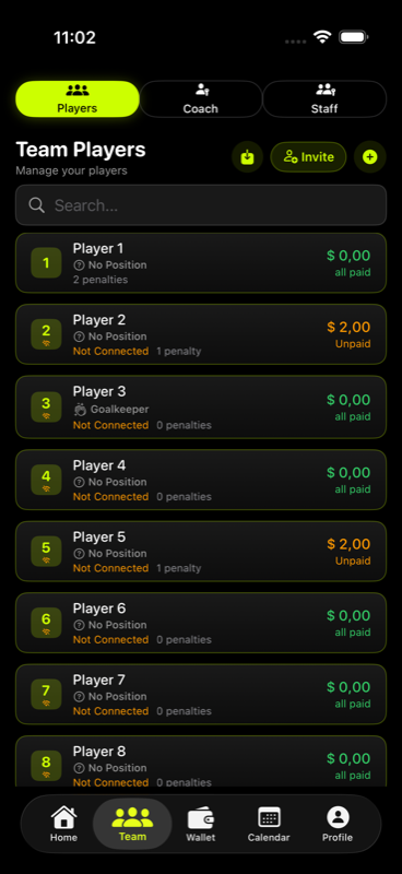 TEAM WALLET X team roster screen