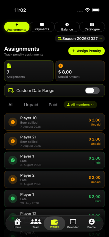 TEAM WALLET X wallet screen showing penalty assignments and payment status